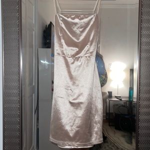 Blue Blush tan satin backless dress